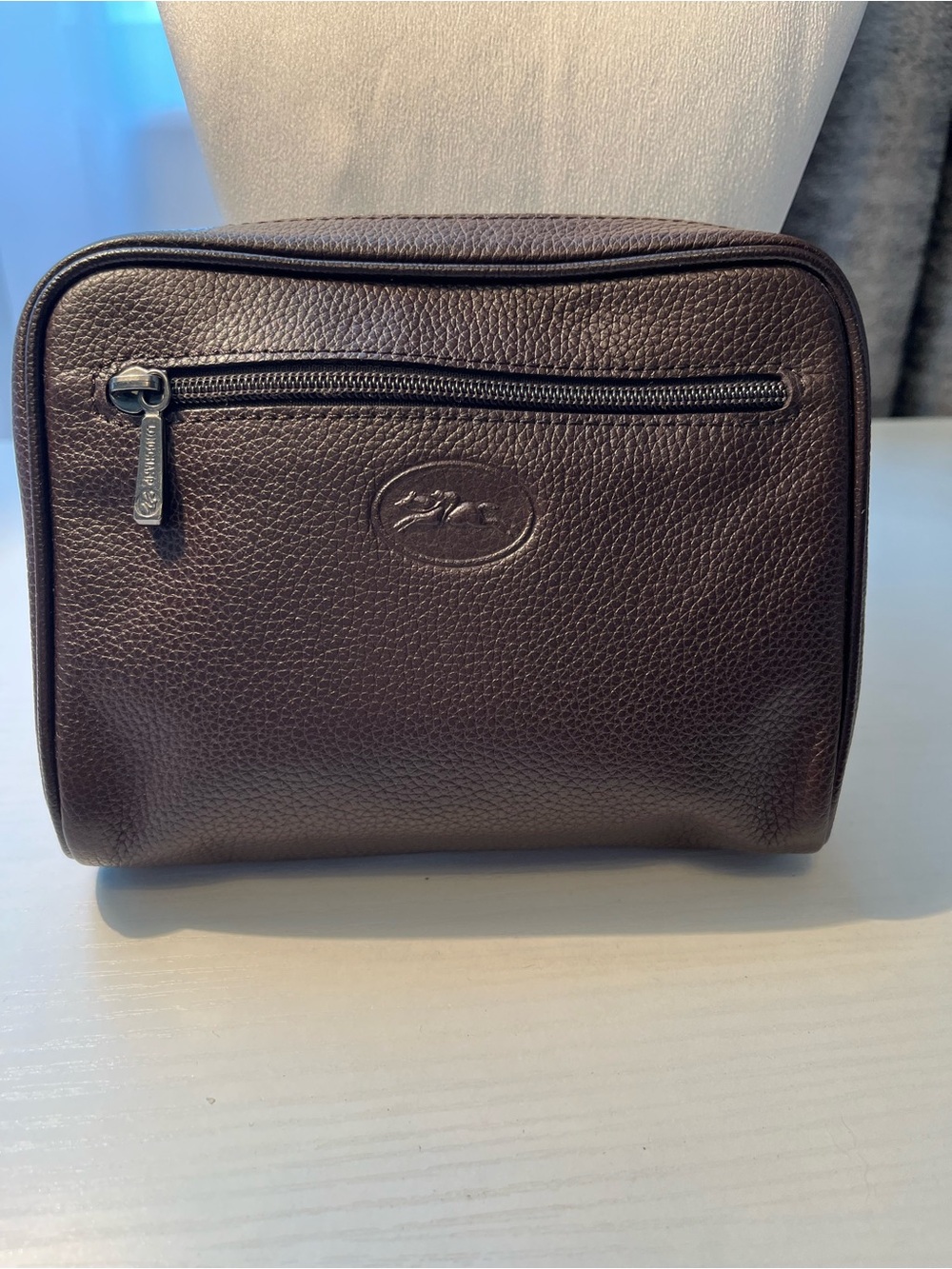 Longchamp Le Foulonne Dark Brown Pebbled Leather Wide Belt Pouch Cosmetic Case